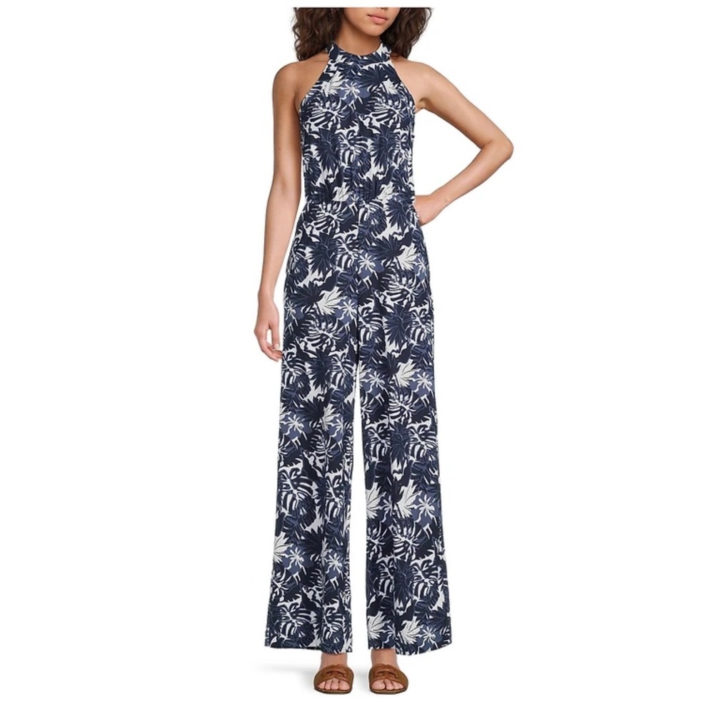 Southern Tide Navy White Tropical Floral Halter Wide Leg Jumpsuit Small NWT